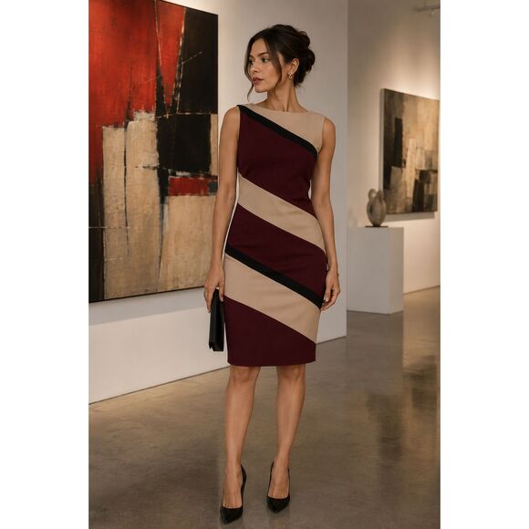 connected apparel Dresses & Skirts - Connected Apparel Colorblock Sheath Dress Burgundy Beige Sleeveless Size 8